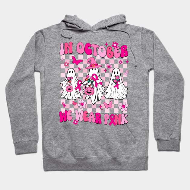 In October We Wear Pink Ghosts For Breast Cancer Women Groovy Hoodie by James Green